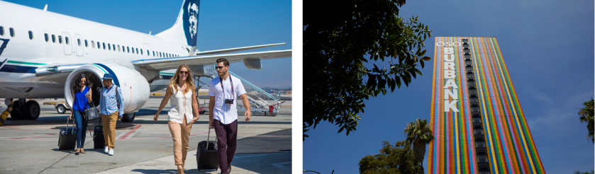 Two photos: on the left is four people exiting from a plane, and on the right is a burbank mural on the side of a building.