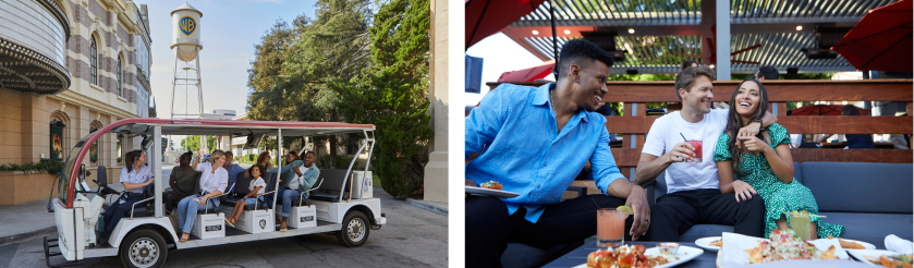 Two photos: on the left is a group tour at the Warner Bros. Studio Tour and on the right is a group of people enjoying dinner outside.