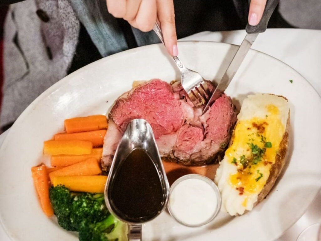 The Smokehouse Restaurant prime rib plate with au jus